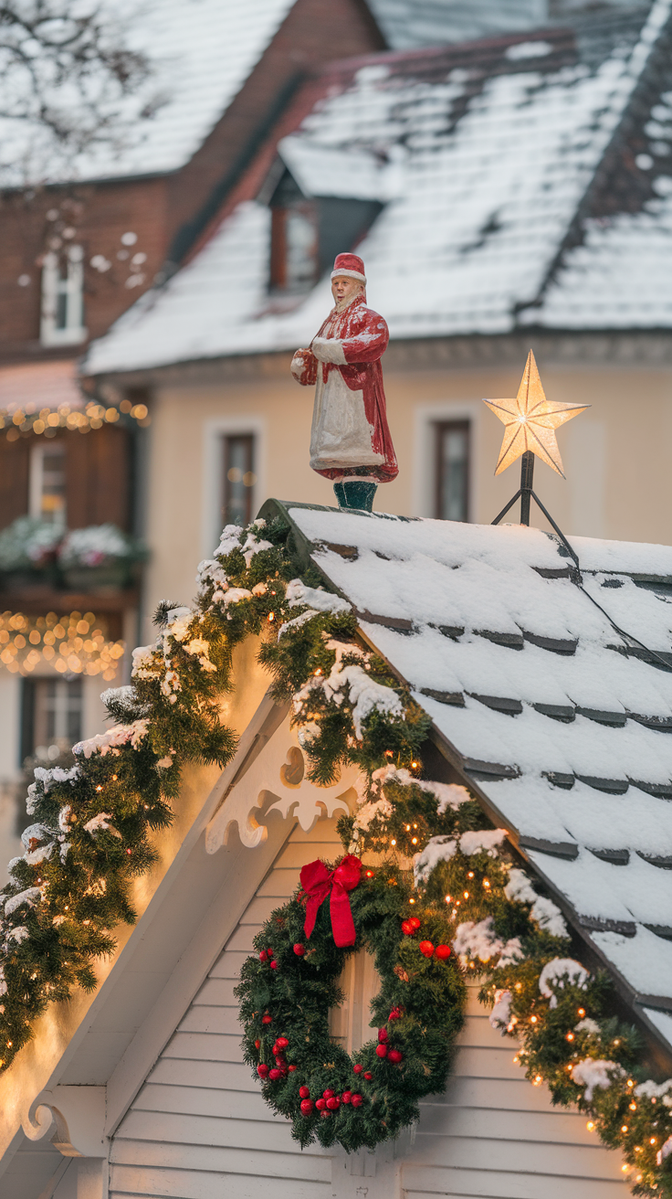 A snowy roof decorated with a Santa figure, a star, and a festive wreath.