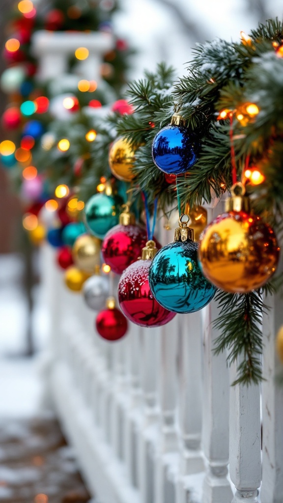 Colorful Christmas ornaments hanging on a railing, with lights in the background.