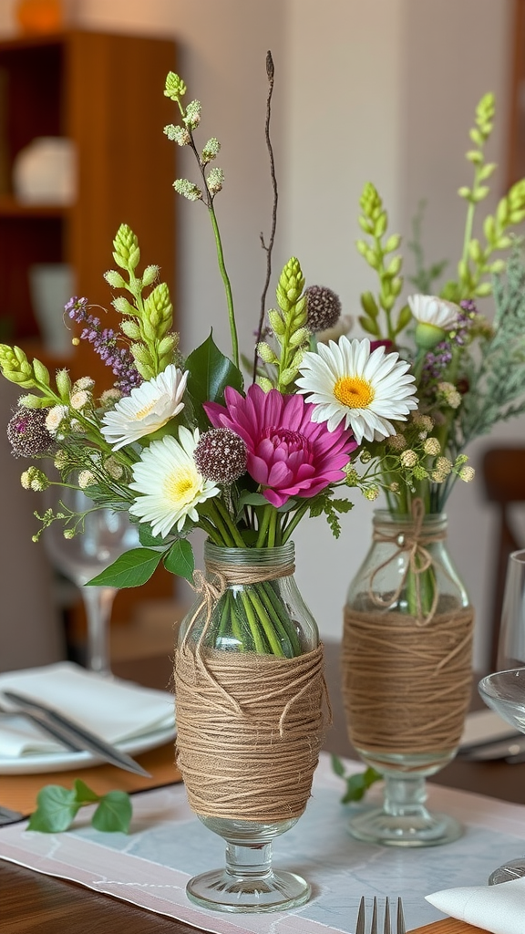 Two twine-wrapped vases with colorful flowers on a dining table.