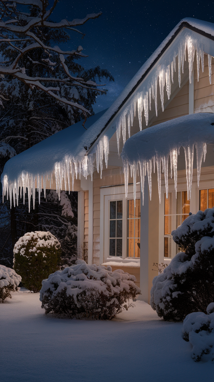 A house with icicle lights hanging from the roof, surrounded by snow-covered bushes and a starry night sky.