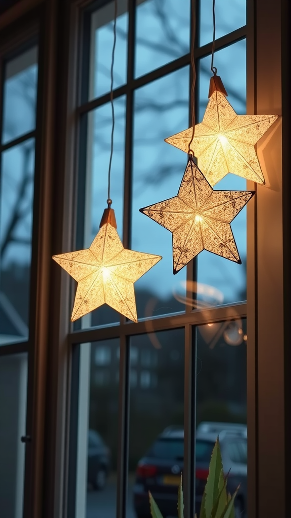 Three star-shaped lanterns hanging in a window, illuminating softly against a twilight backdrop.