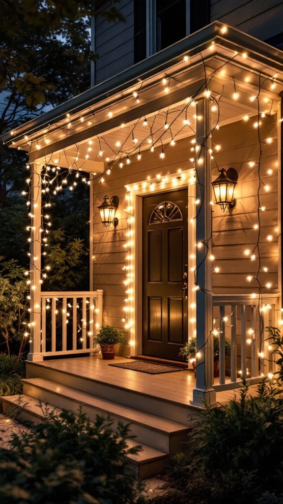 A beautifully lit porch with twinkling string lights, creating a warm and inviting atmosphere.