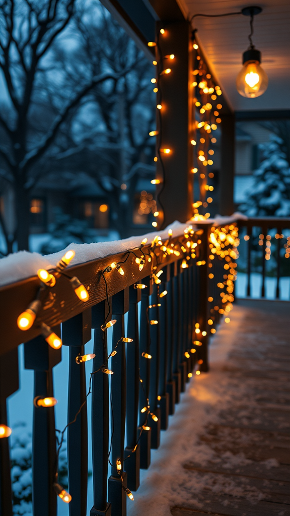 Twinkling string lights glowing warmly along a snowy railing at dusk.