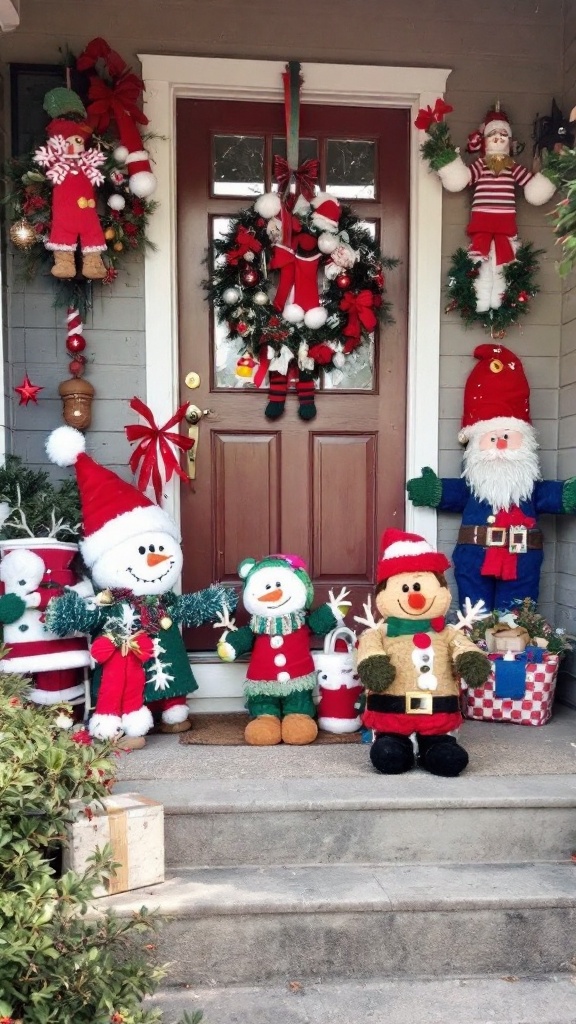 Festively decorated front porch with DIY Christmas characters and wreaths