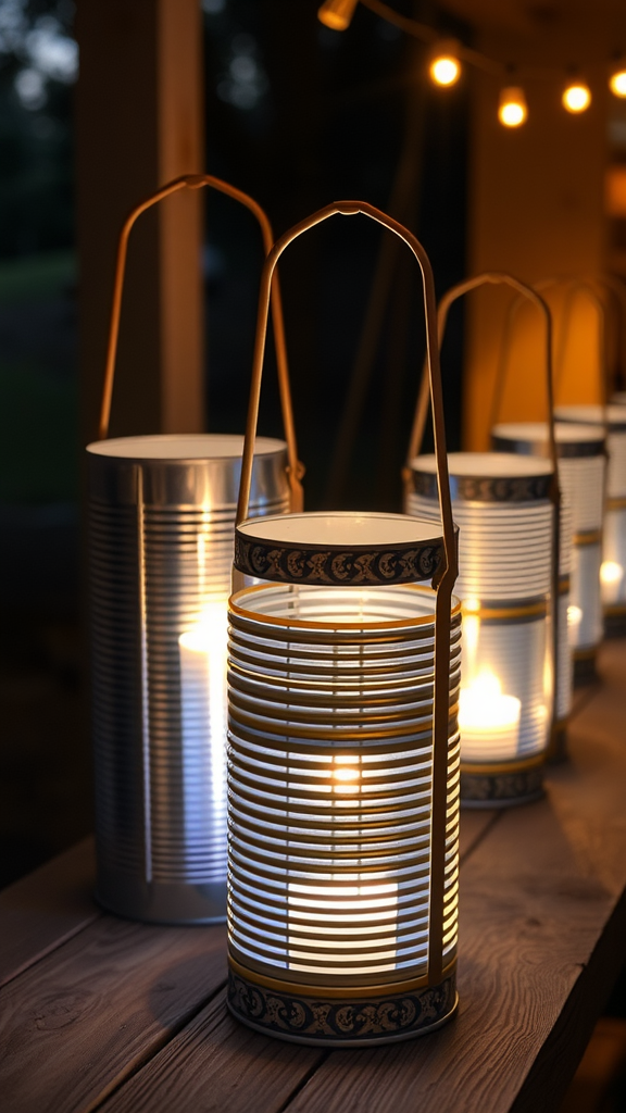 A row of lit-up tin can lanterns on a wooden surface, with a warm glow from candles inside.