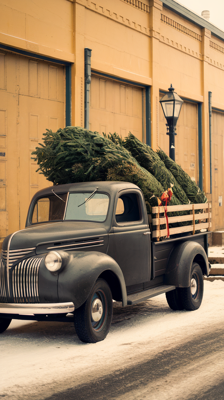 A vintage truck carrying Christmas trees, parked on a snowy street.