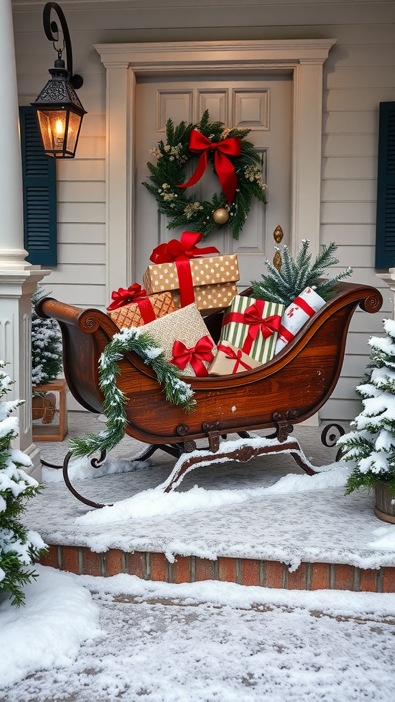A vintage wooden sleigh filled with wrapped gifts, decorated with ribbons, and surrounded by snow and holiday greenery.