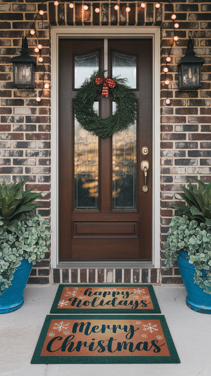 A welcoming front door with holiday doormats saying 'happy holidays' and 'Merry Christmas', adorned with a wreath and string lights.