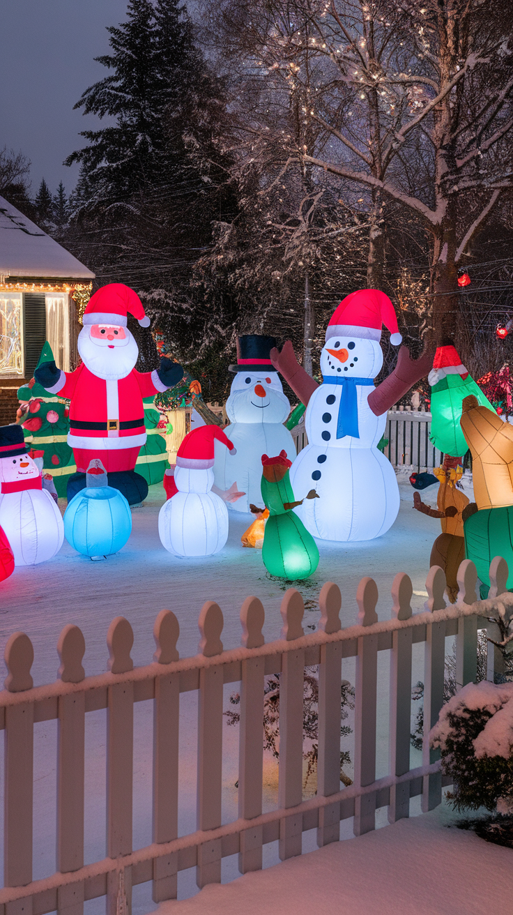 Colorful inflatable Christmas decorations in a snowy yard