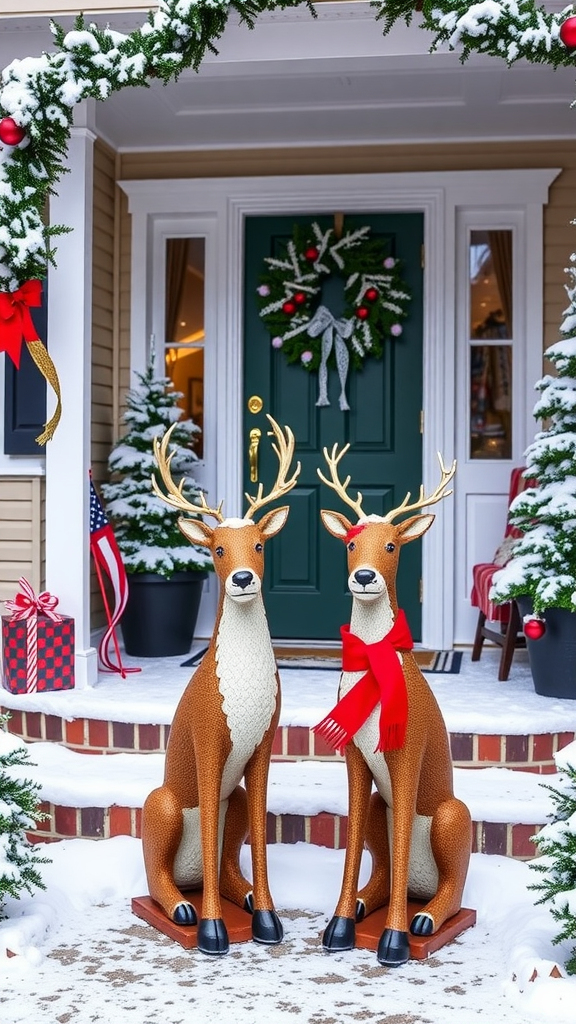 Two whimsical reindeer statues adorned with red bows standing on a snowy porch