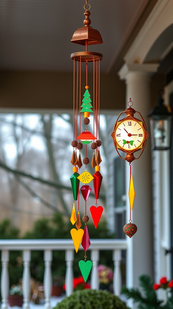 Colorful wind chimes featuring holiday shapes and a clock, hanging outdoors.