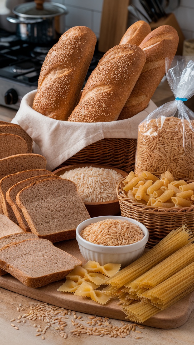 An assortment of whole grain foods including loaves of bread, pasta, and rice.