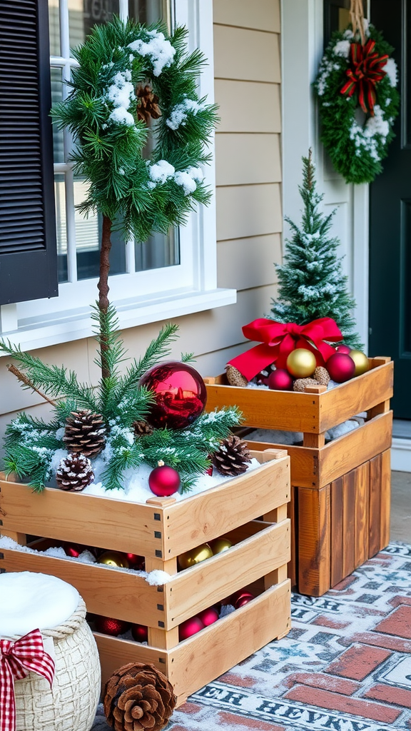Wooden crates filled with Christmas decorations, including ornaments and pinecones, placed on a porch.