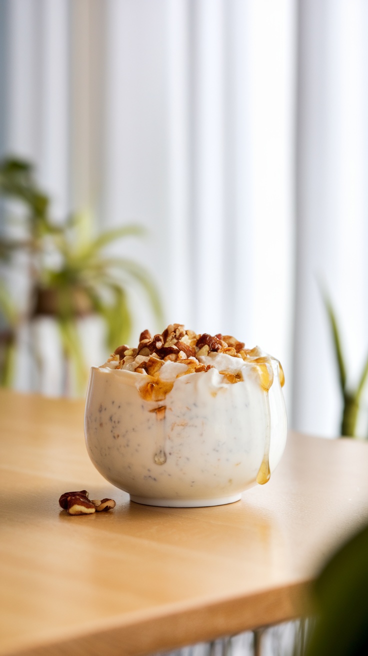 Bowl of yogurt topped with nuts and honey on a wooden table