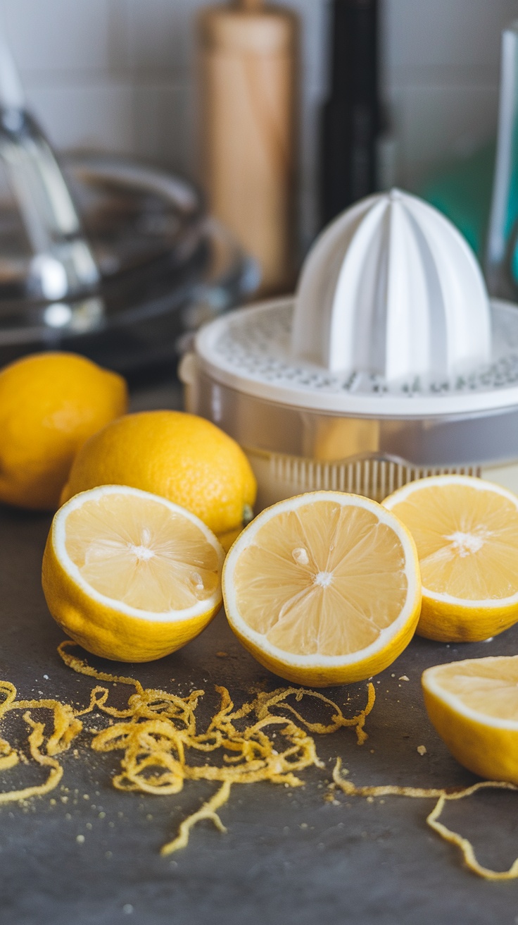 Fresh lemons sliced in half with a juicer in the background