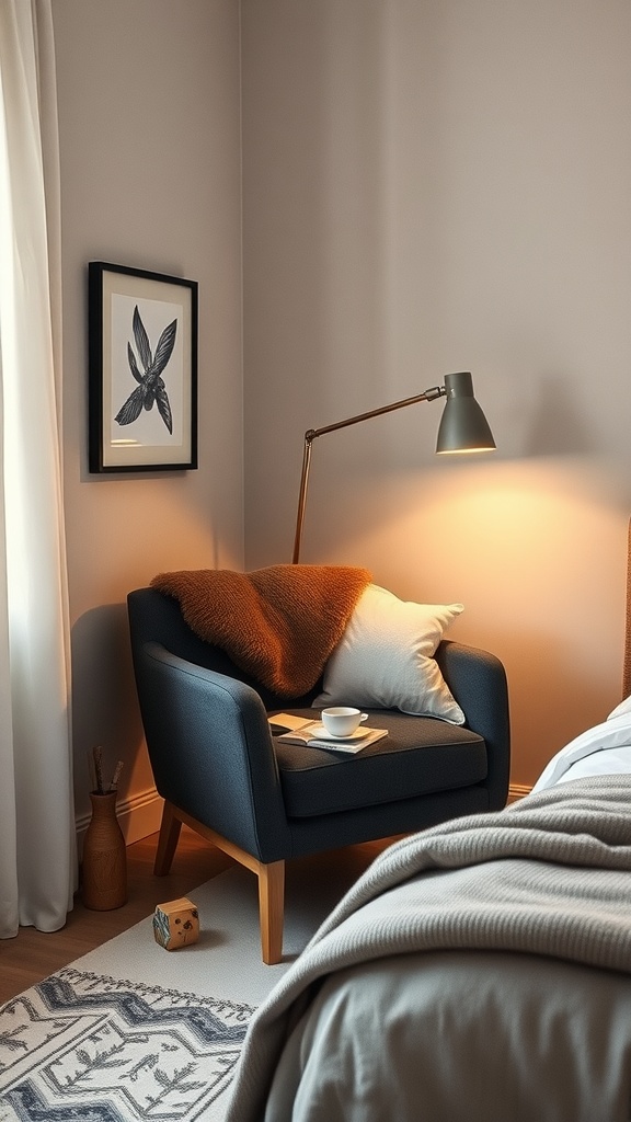 Cozy corner with a Färlöv Armchair, warm throw, and a side lamp in a guest bedroom.