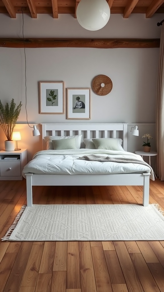 A stylish guest bedroom featuring the Sörli bed frame with light decor and wooden floors.
