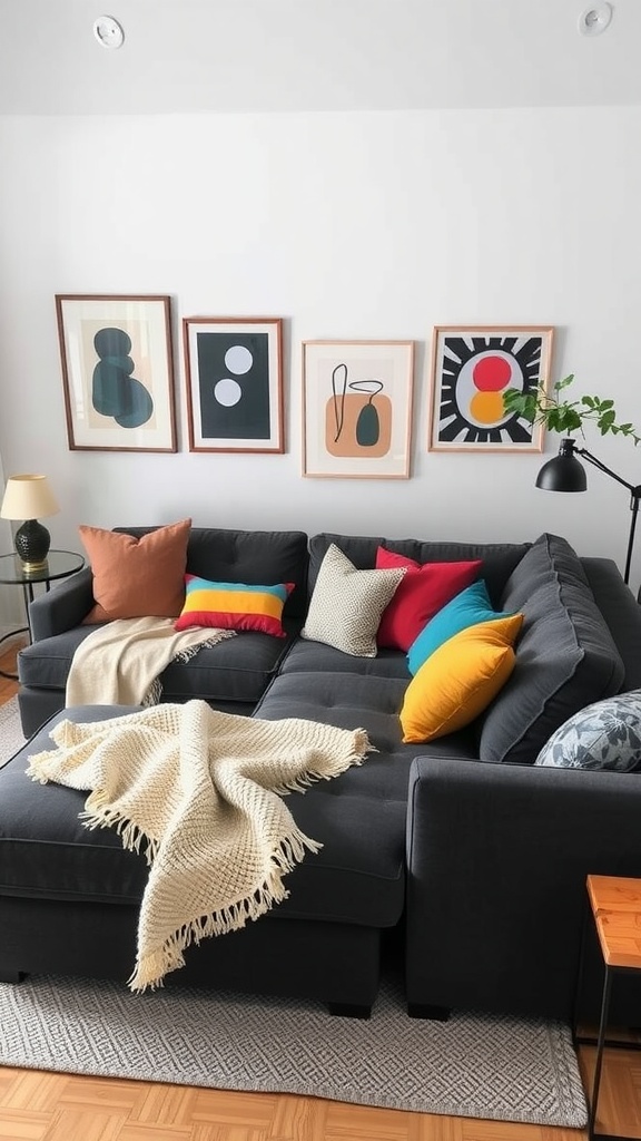 A Vallentuna modular sofa in a cozy guest bedroom setting, adorned with colorful cushions and a soft throw blanket.