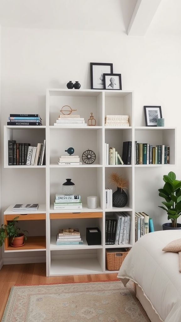 A stylish Kallax shelf unit in a guest bedroom, filled with books and decorative items.