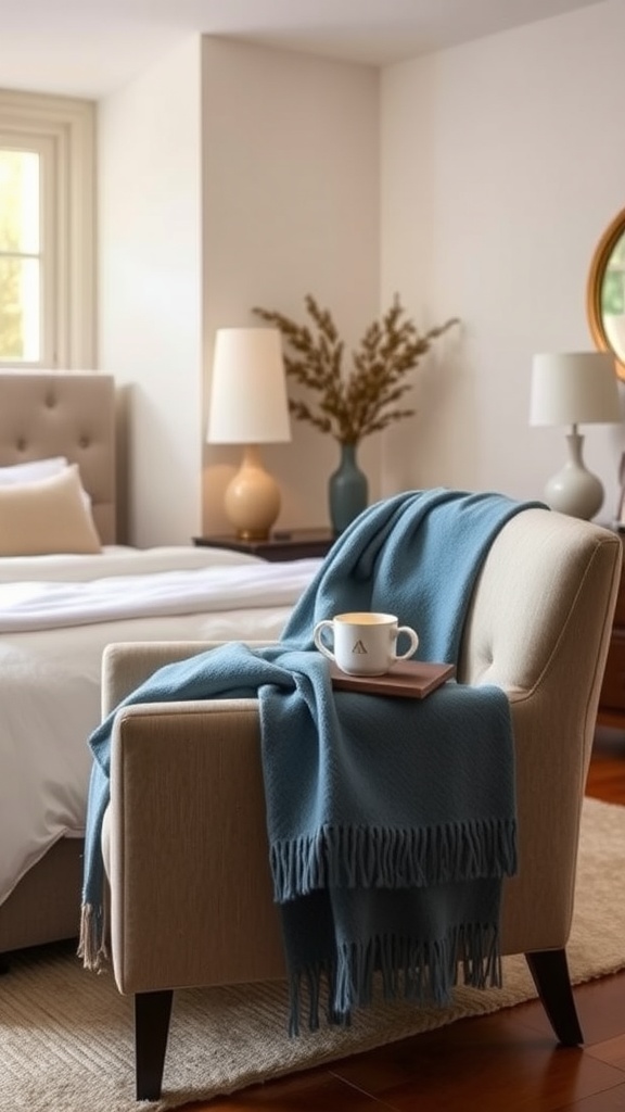 A cozy blue throw blanket draped over a couch in a well-decorated guest bedroom.
