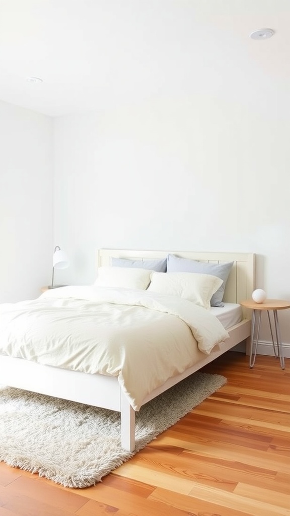 A bright and minimal guest bedroom featuring a Malm bed frame with white linens and a small side table.
