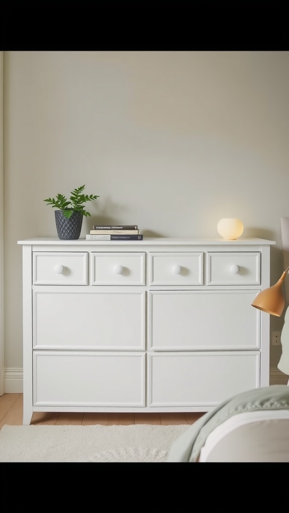 A white Hemnes dresser with eight drawers, potted plant, and soft lighting.