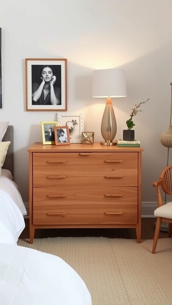 A cozy guest bedroom featuring a Tarva chest of drawers next to a bedside lamp and framed photos.