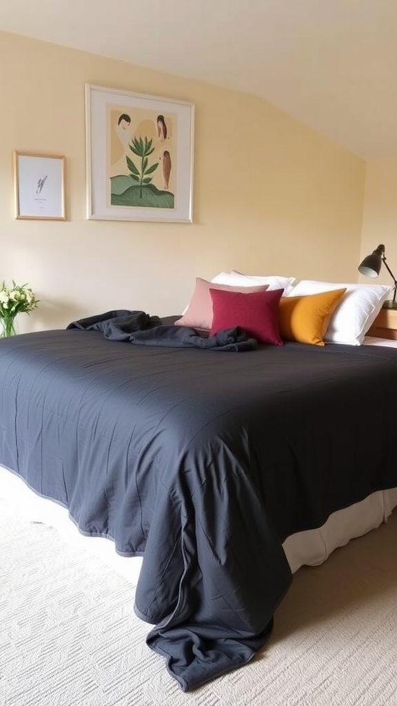 Cozy guest bedroom featuring a dark gray Löva bedspread and colorful pillows.
