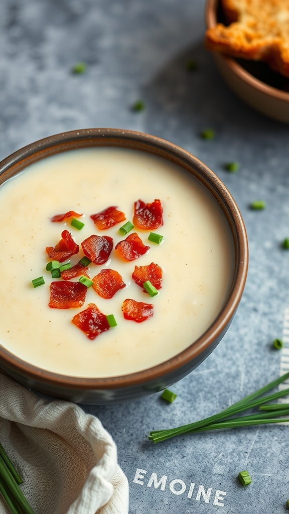 A bowl of creamy cauliflower chowder topped with crispy bacon and chives.