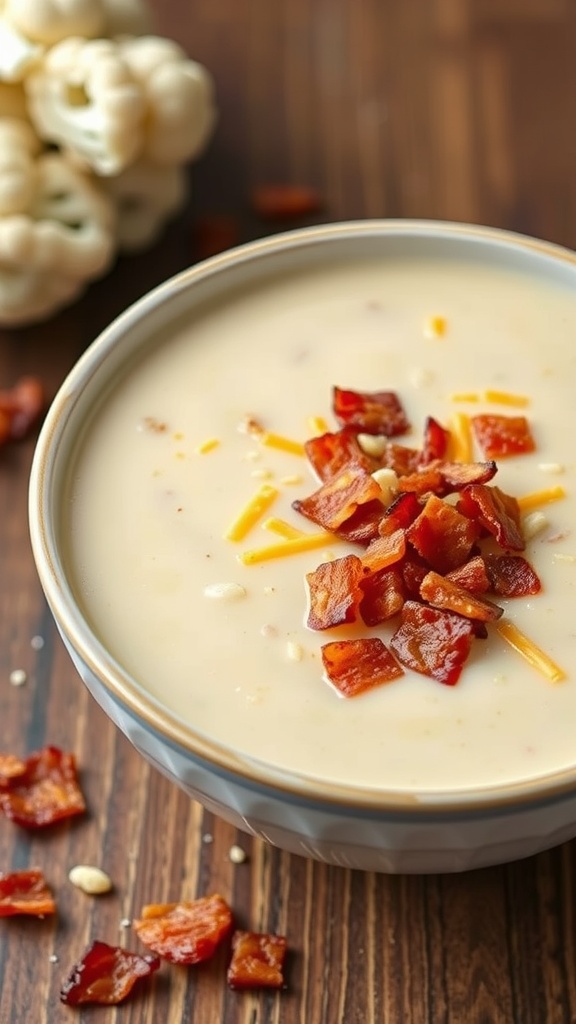 Bowl of cheesy cauliflower and bacon soup topped with bacon bits, placed on a wooden table.