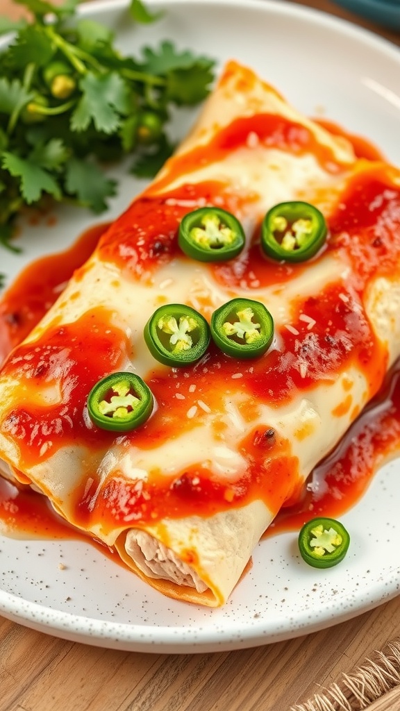 Delicious chicken enchiladas topped with red sauce and jalapeños.