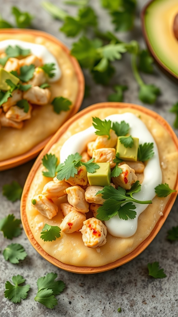 Delicious chicken sopes topped with avocado crema and cilantro
