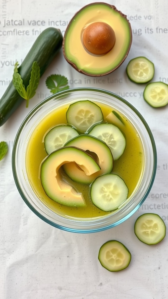Chilled avocado and cucumber soup in a bowl with cucumber slices on top