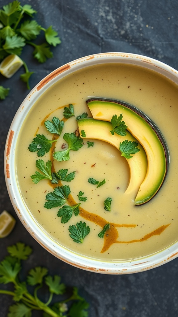 A bowl of creamy avocado and cilantro soup garnished with avocado slices and fresh cilantro