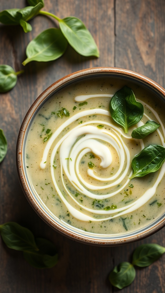 A bowl of creamy spinach and cheese soup garnished with fresh herbs.