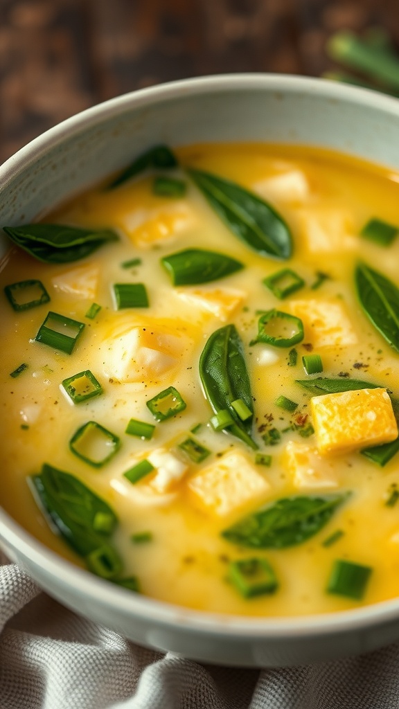 A bowl of egg drop soup with spinach and green onions
