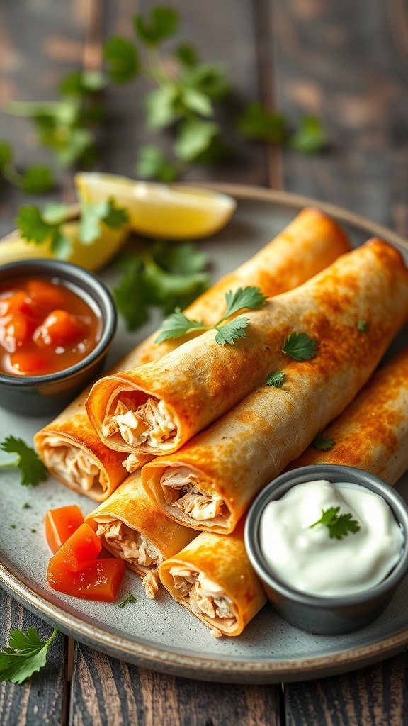 Plate of oven-baked chicken taquitos served with salsa and sour cream, garnished with cilantro.