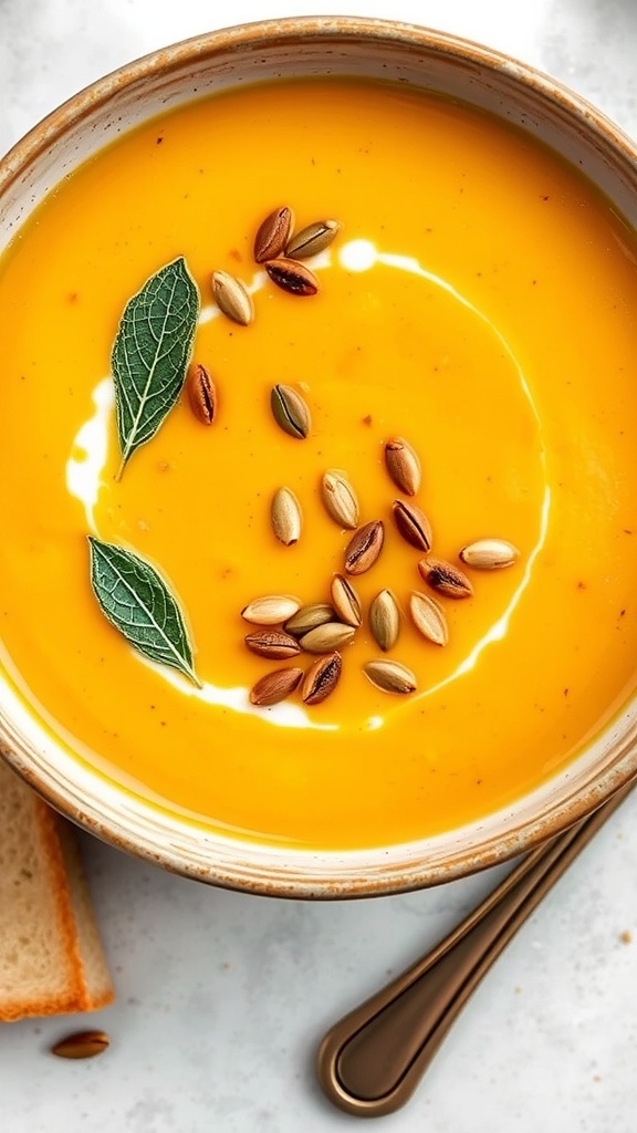 A bowl of savory pumpkin and sage soup garnished with pumpkin seeds.