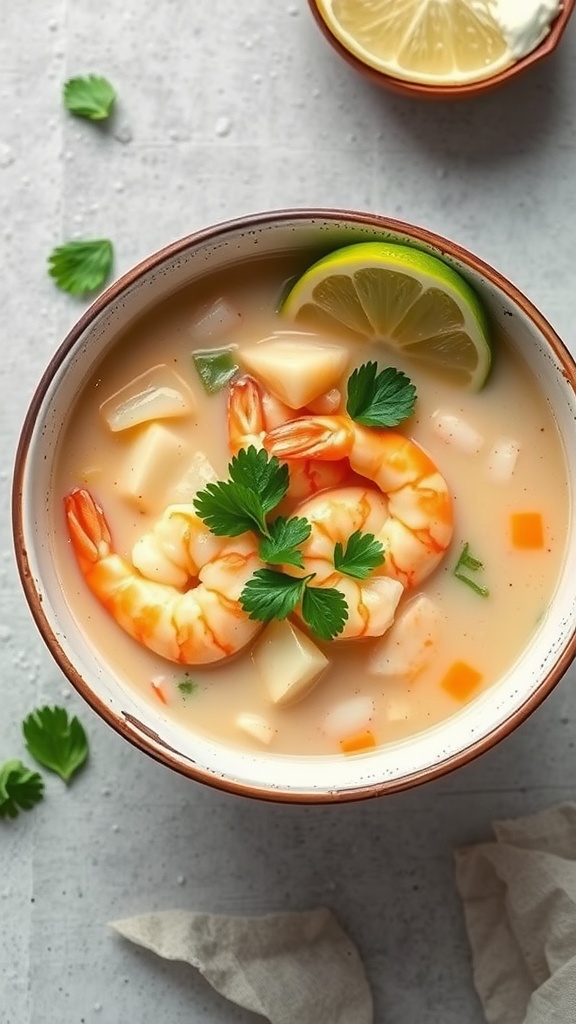 Bowl of Thai Coconut Shrimp Soup with fresh herbs and lime slices
