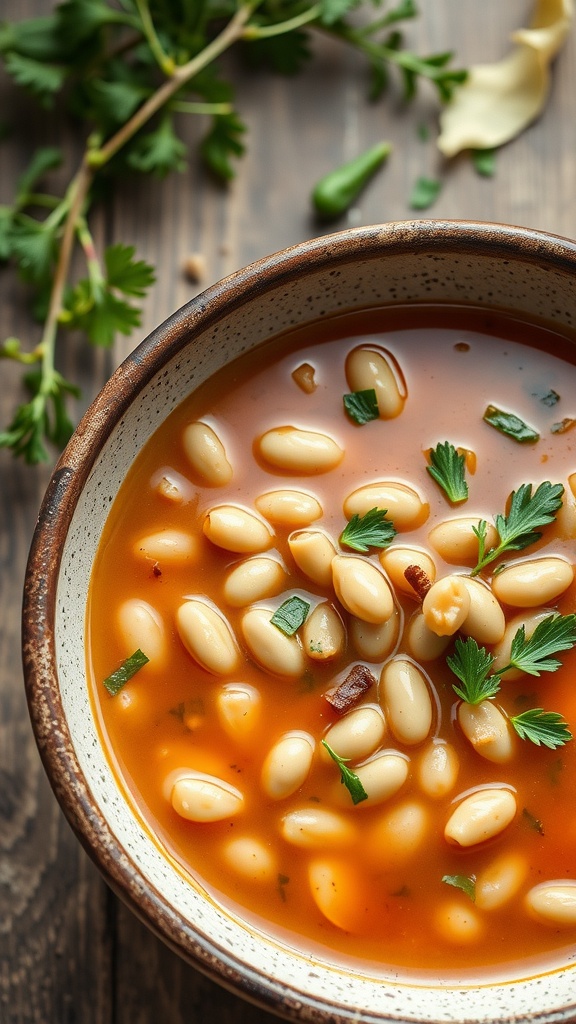A bowl of cozy Tuscan Cannellini Bean Soup with fresh herbs.