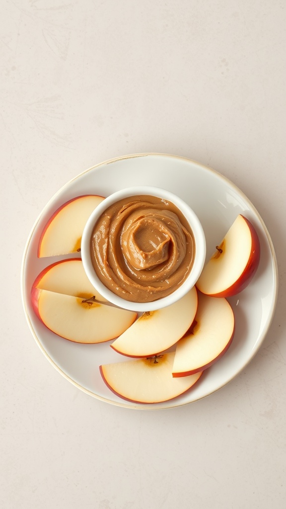 A plate of apple slices arranged around a bowl of almond butter.