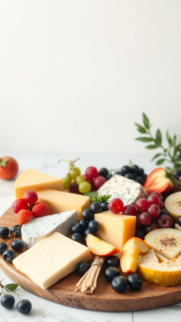 An artisanal cheese and fruit board featuring various cheeses, grapes, berries, and apples on a wooden platter.