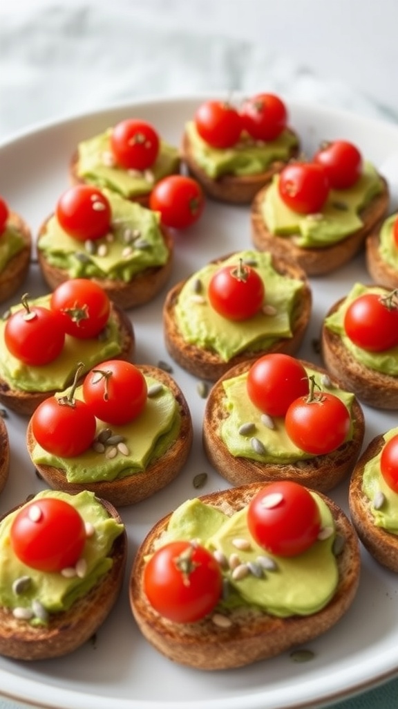 Delicious avocado toast bites topped with cherry tomatoes on a plate