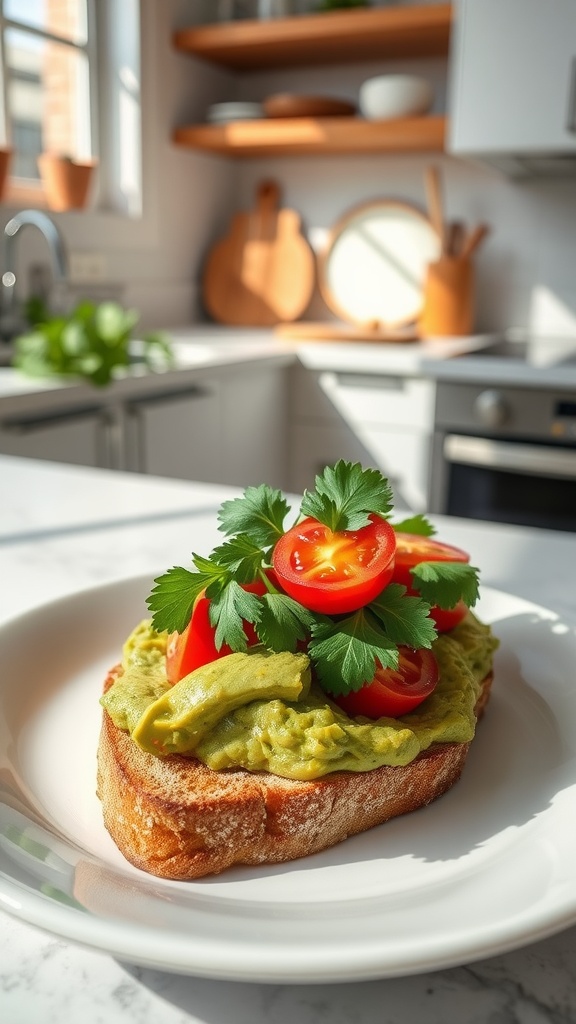 Avocado toast topped with cherry tomatoes and parsley on a plate.
