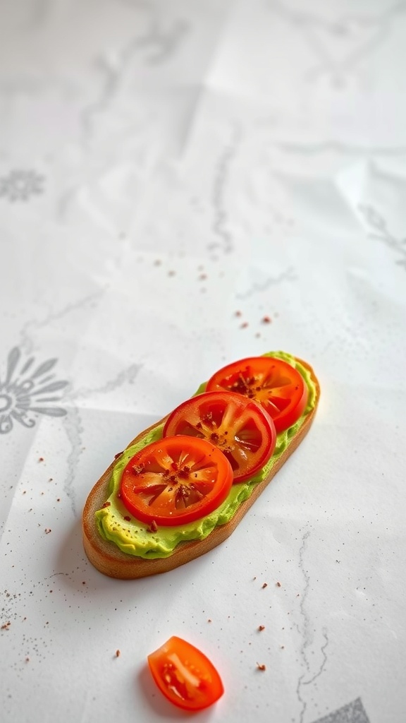 Avocado toast topped with sliced tomatoes and chili flakes