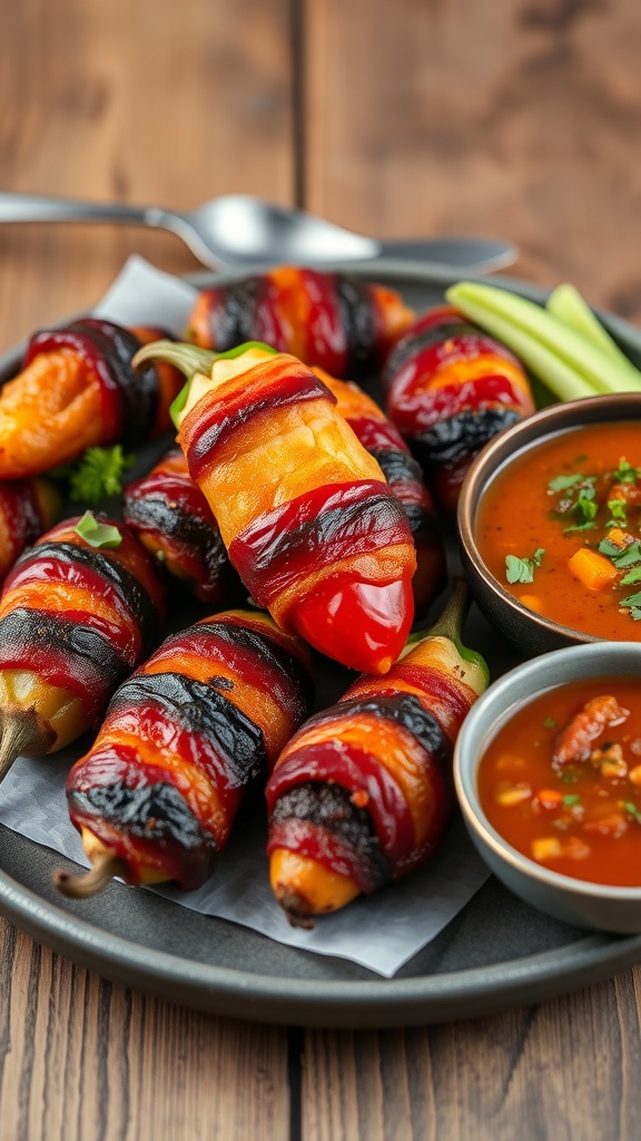 Delicious bacon-wrapped jalapeño poppers served on a plate with dipping sauce.