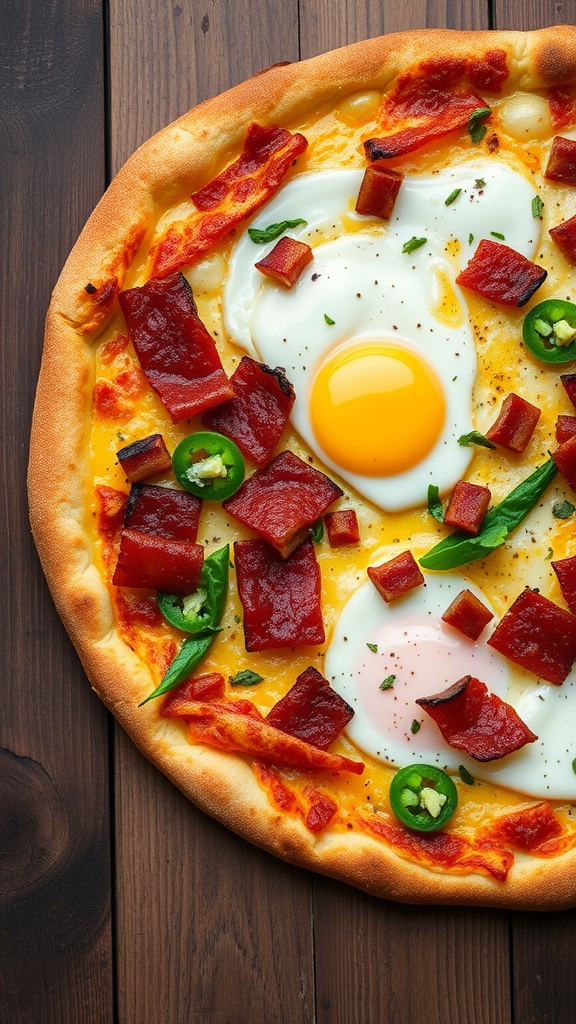 Bacon and Egg Breakfast Pizza with crispy bacon and sunny side up eggs