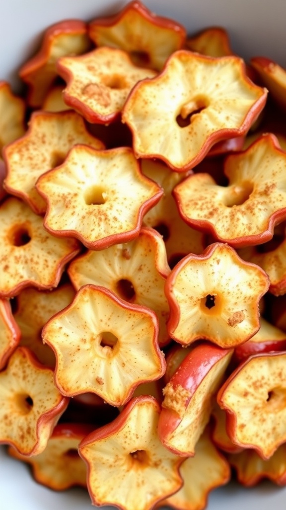 A bowl filled with crispy baked apple chips, showcasing their golden color and cinnamon sprinkle.