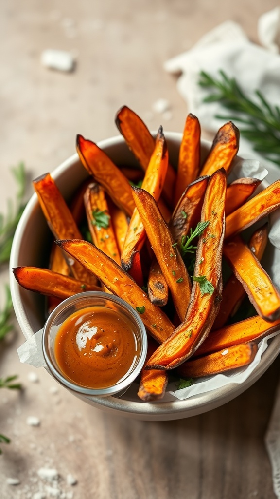 A cup of baked sweet potato fries served with a dipping sauce.