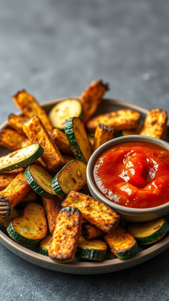 Baked zucchini fries served with marinara sauce.